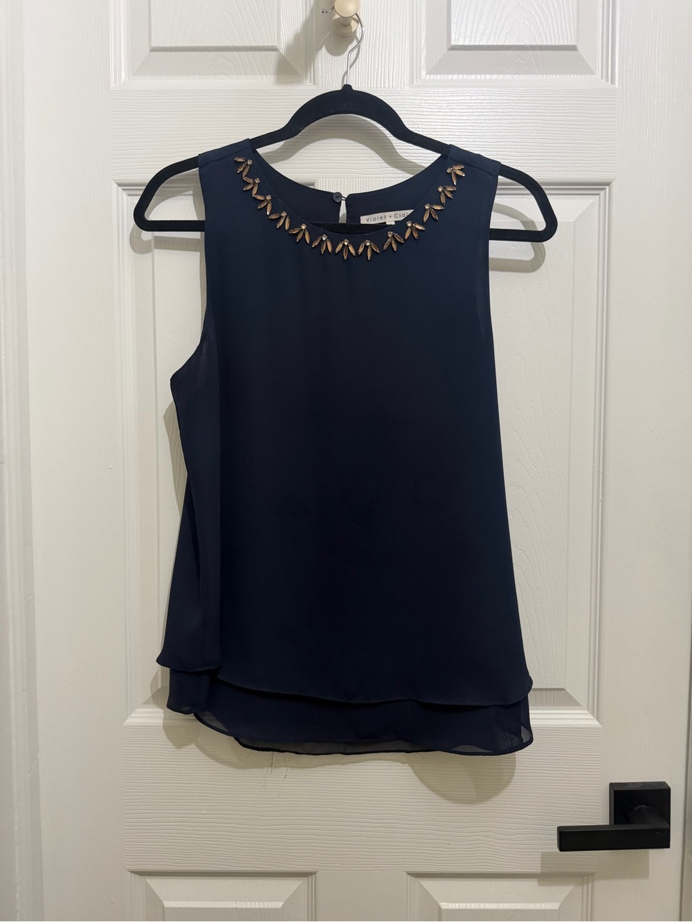 Violet & Claire Navy Chiffon Sleeveless Top with Beaded Neckline